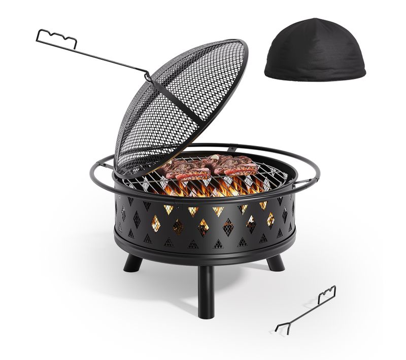 Brasero Extérieur Rond Grille De Protection Pare-étincelles Acier Poêle à Bois Jardin 83 Cm