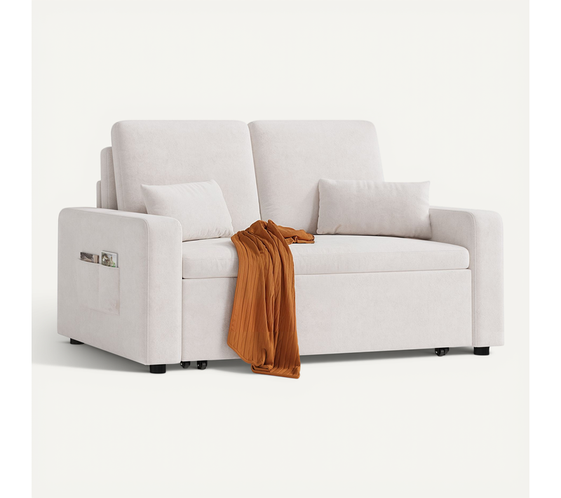 Canapé Convertible 2 Places Longue 2 Coussin Réglable Chenille Beige