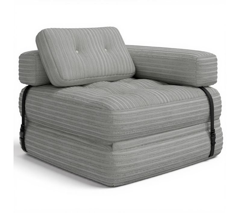 Canapé Convertible Fauteuil Lit 1 Place En L Gris Clair Velours Côtelé Longue Coussin 85 X 85 Cm