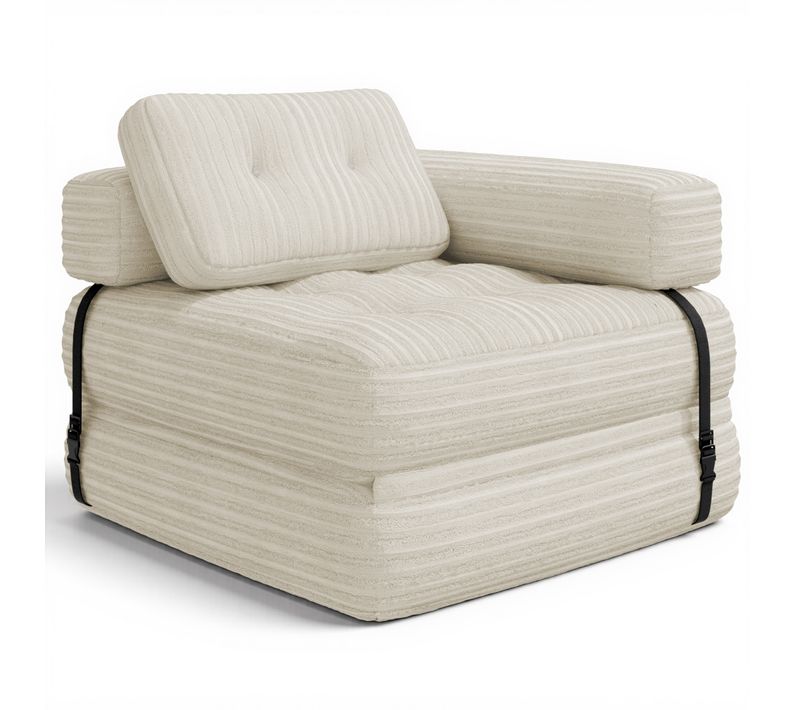 Canapé Convertible Fauteuil Lit 1 Place En L Blanc Velours Côtelé Longue Coussin 85 X 85 Cm