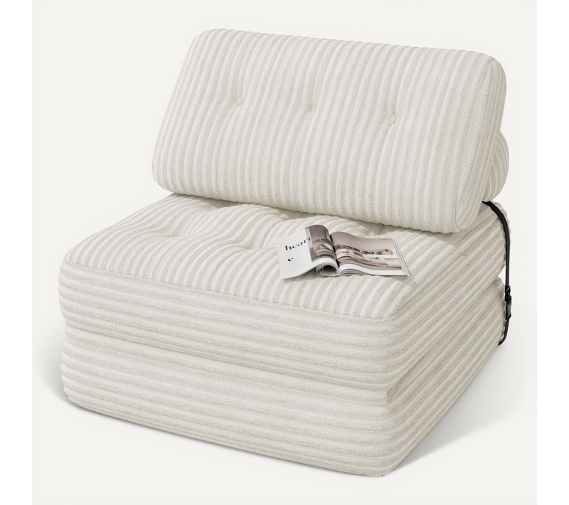 Canapé Convertible Fauteuil Lit 1 Place Dossier Sans Installation Blanc Velours Côtelé 85x85cm