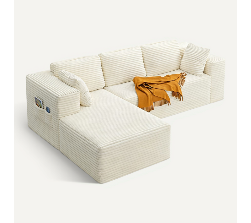 Canapé D'angle 3 Places Avec Méridienne Sans Installation Velours Côtelé Beige 250x160x60cm