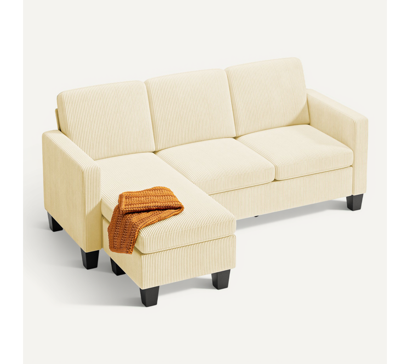 Canapé d'Angle Modulable 3 Places Velours Côtelé Crème Avec Méridiennepour Petit Espace