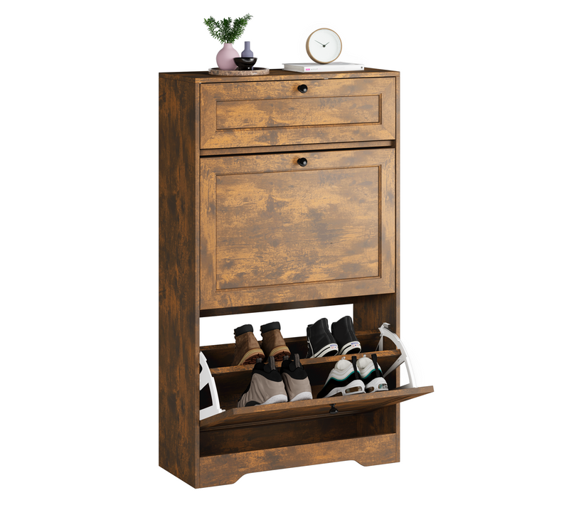 Meuble à Chaussures à 2 Abattants 1 Tiroir Industriel Vintage Armoire De Rangement 58x24x102cm