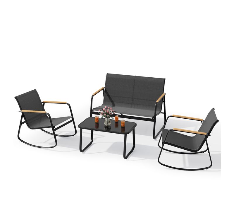Salon De Jardin 4 Pièces Noir Fauteuils à Bascule En Textilène Antidérapants  Table En Verre Trempé