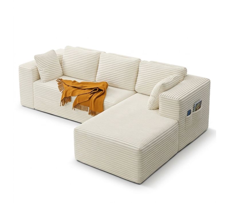 Canapé D'angle 3 Places Avec Méridienne,canapé Compressé Velours Côtelé Beige, Sans Montage
