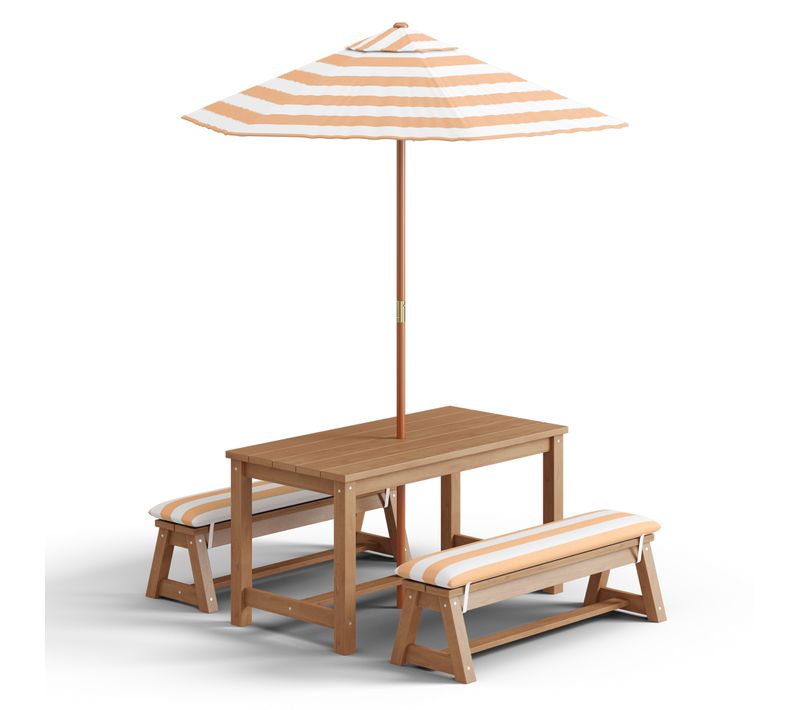 Ensemble Table Pique-nique Jardin Enfant, 2 Bancs Avec Coussins + Parasol Rayé Couleur Orange Blanc