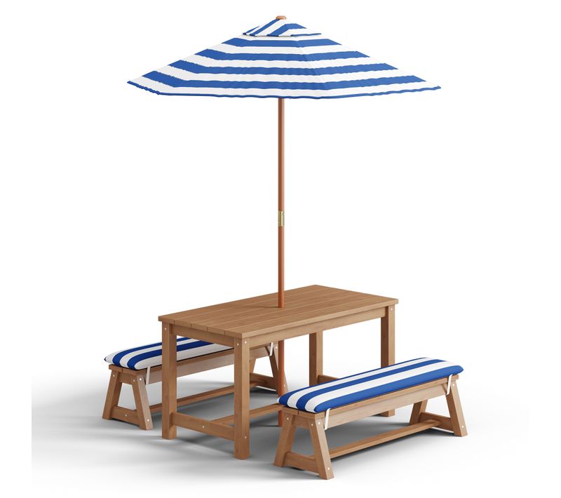 Ensemble Table Pique-nique Jardin Enfant, 2 Bancs Avec Coussins + Parasol Rayé Bleu Blanc