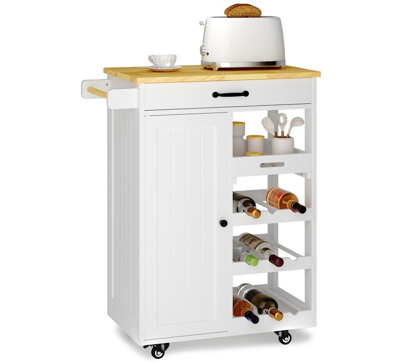 Desserte Cuisine à Roulettes Avec Tiroir Et Placard, Chariot De Service En Bois Blanc Mdf