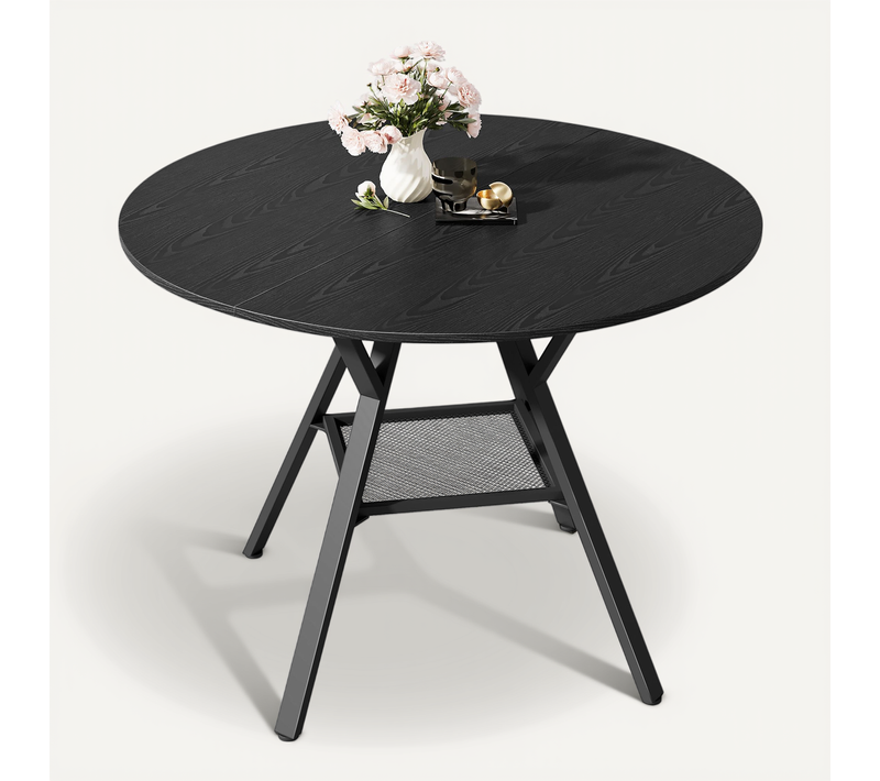 Table à Manger Ronde Moderne En Bois Noir Et Métal 100cm - Table De Cuisine Industrielle Noire