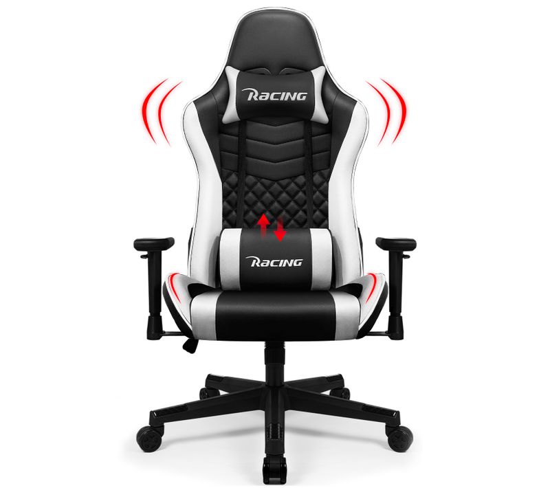 Chaise Gaming Noir et Blanc, Fauteuil Ergonomique 150 kg, Assise 56 cm, Hauteur et Coussins