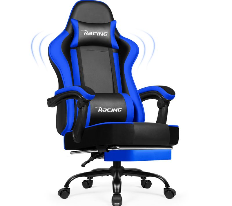 Chaise Gaming Ergonomique Bleu et Noir, Inclinable 90 à 165°, 150 kg Avec Repose-pieds