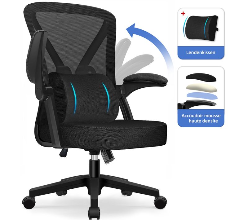 Chaise Bureau avec Coussin Lombaire, Accoudoir Pliable, Dossier Inclinable, Hauteur Réglable, 150 kg