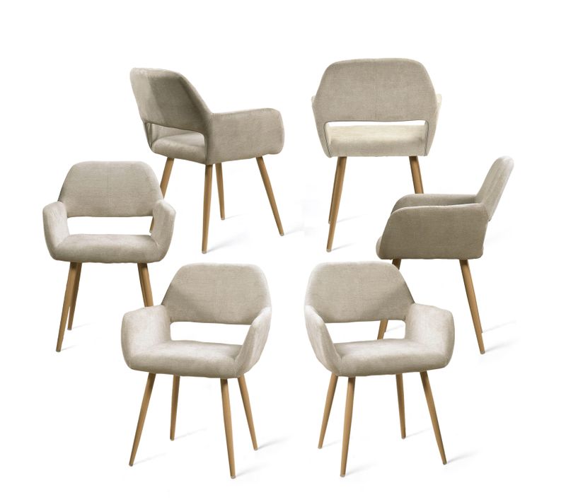 Lot De 6 Chaises De Salle À Manger Scandinave Fauteuil Assise Rembourrée En Tissu, Beige