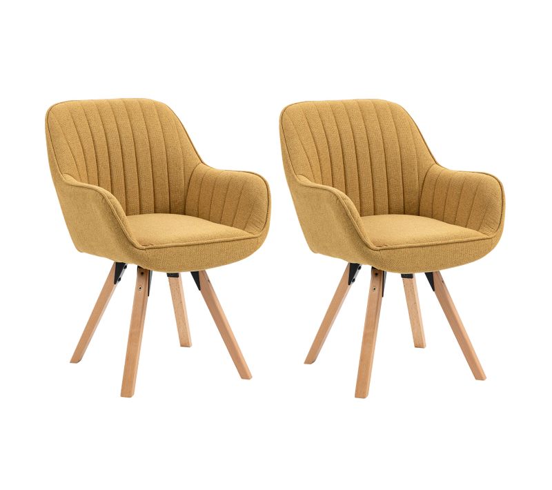 Lot De 2 Chaise Salle À Manger Fauteuil Pivotant Avec Accoudoirs Pieds En Bois Massif Jaune