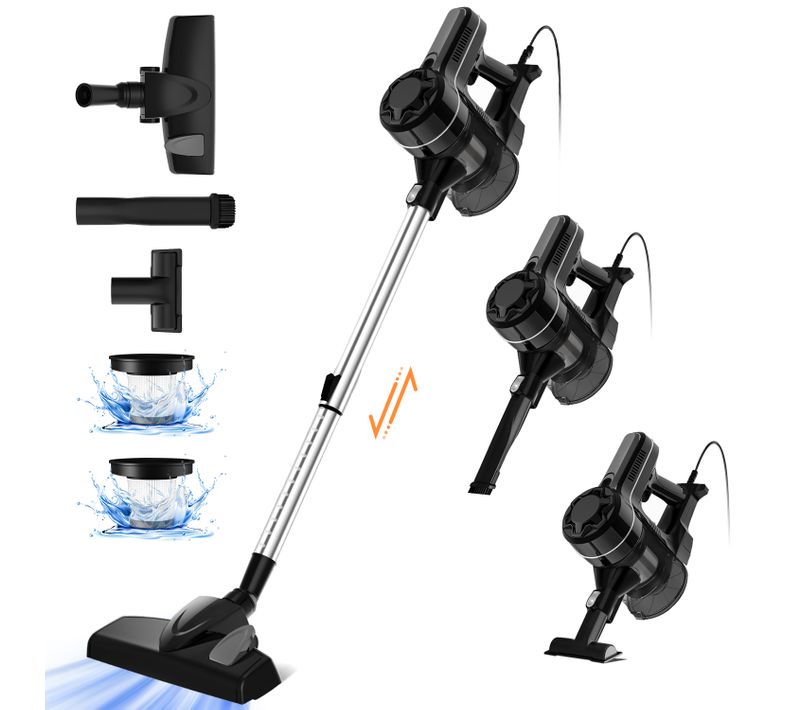 Aspirateur Balai Filtre HEPA H13, Aspirateur Balais Filaire 3-en-1, Câble 5m, Argent et Noir