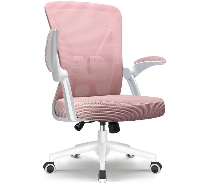 Fauteuil de Bureau Rose, Dossier Inclinable, Accoudoirs Pliables, Hauteur Réglable, 150 kg