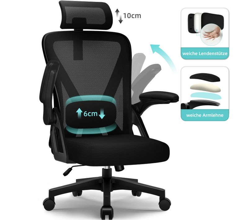 Chaise Bureau Accoudoirs Rabattables Support Lombaire En Mousse Hauteur Réglable Charge 150kg