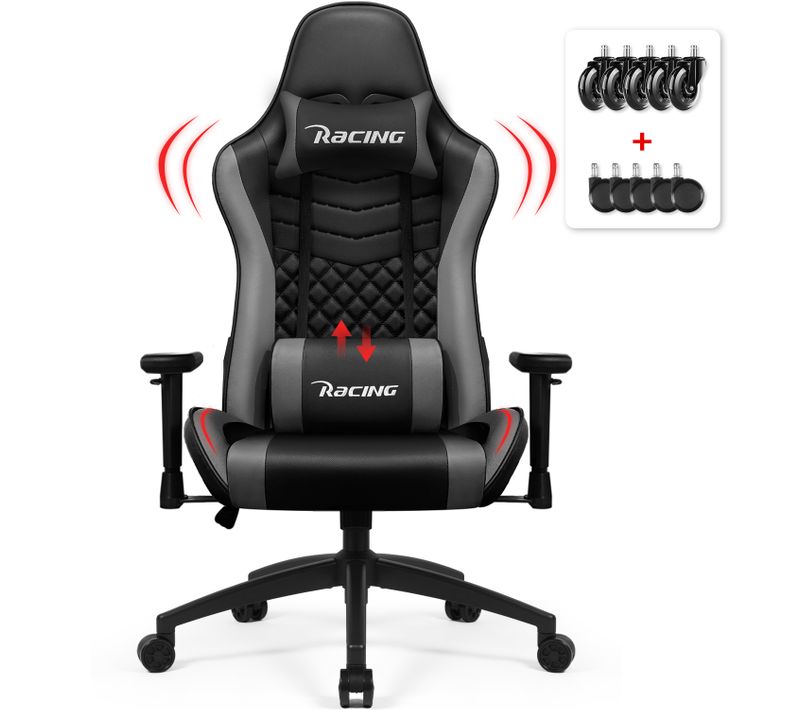 Fauteuil Gamer Ergonomique, 150kg Chaise Gaming Inclinable, Chaise De Bureau Gamer Gris Et Noir
