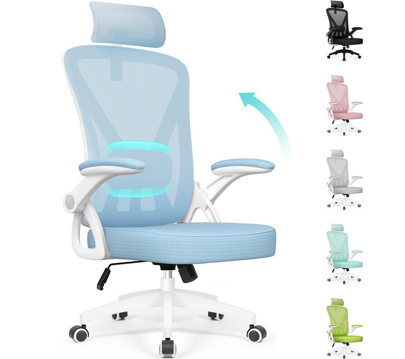 Chaise Bureau Bleu, Accoudoirs Rabattables, Support Lombaire Mousse, Hauteur Réglable, 150 kg