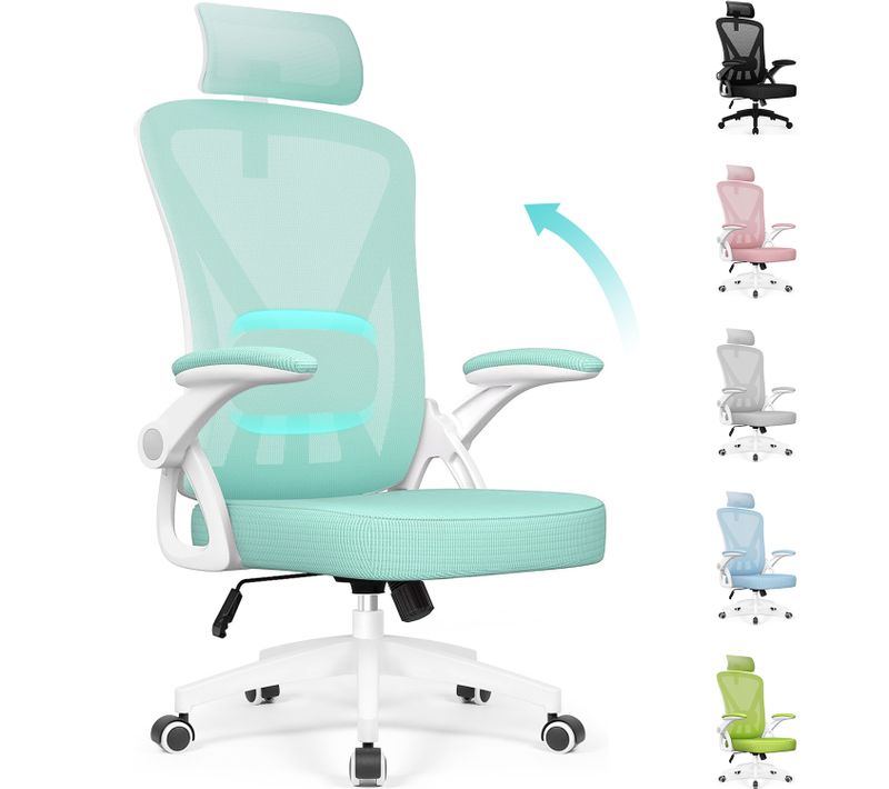 Chaise Bureau Turquoise, Accoudoirs Rabattables, Support Lombaire Mousse, Hauteur Réglable, 150 kg