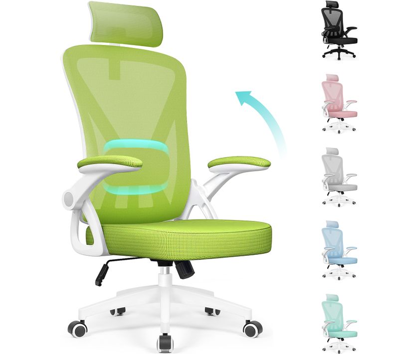 Chaise Bureau Vert, Accoudoirs Rabattables, Support Lombaire Mousse, Hauteur Réglable, 150 kg