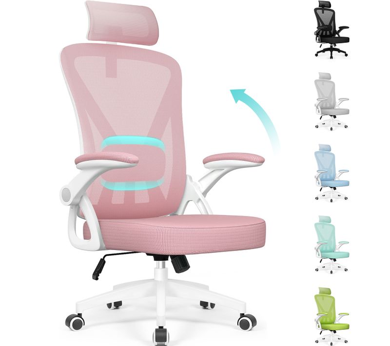 Chaise Bureau Rose, Accoudoirs Rabattables, Support Lombaire Mousse, Hauteur Réglable, 150 kg