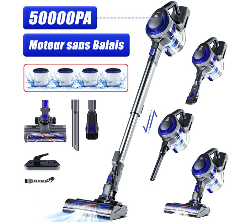 Aspirateur Balai Sans Fil 50 Kpa, 55 Min D'autonomie, 2 Vitesses, 1.6l Capacité, Anti-emmêlement