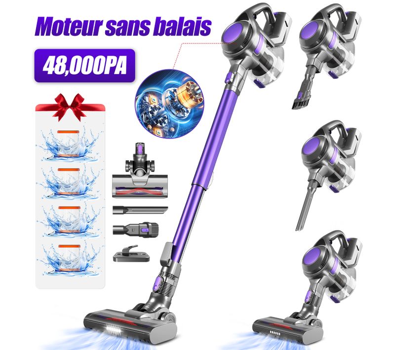 Aspirateur Balai Sans Fil 48 Kpa, 55 Min D'autonomie, 2 Vitesses, 1.6l Capacité, Anti-emmêl