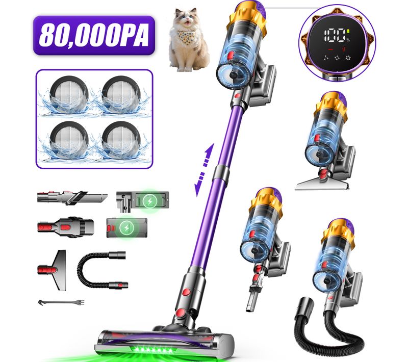 Aspirateur balai sans fil 80Kpa, Autonomie 80 Min, Bac 2 L, Avec brosse en V anti-enchevêtrement