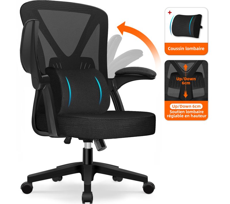 Fauteuil De Bureau, Dossier Inclinable De 90° à 125°, Accoudoirs Rabattables, Avec Coussin Lombaire.