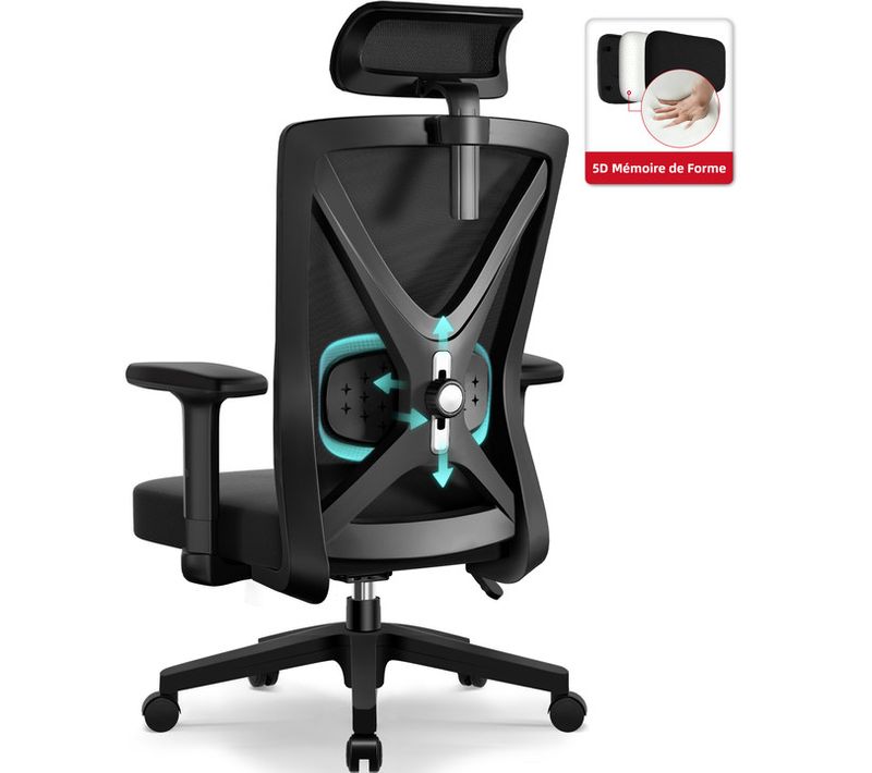 Fauteuil de bureau ergonomique, chaise de bureau avec support lombaire 5D