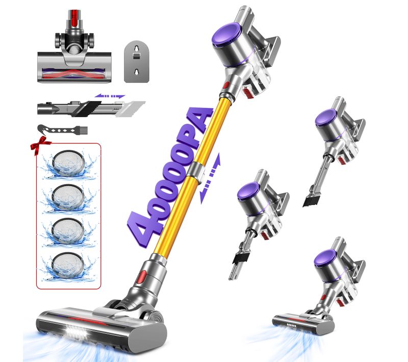 Aspirateur balai 40KPa, 55 min d'autonomie, 2 vitesses, 6 en 1, capacité 1,6L, anti-emmêlement