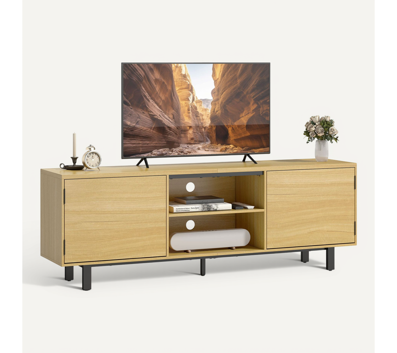 Meuble TV, Meuble Télé, 2 Portes à Ouverture Par Pression Et 2 étagères, 160x35x55,5cm, Bois Naturel