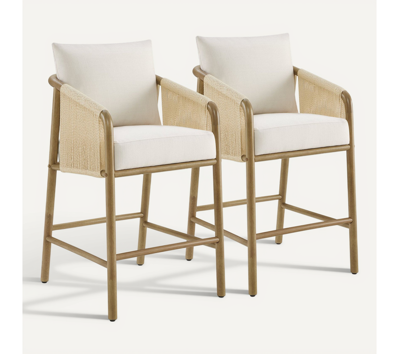 Lot de 2 tabourets de bar, assise rembourrée tissu, dossier accoudoirs,pour îlot et bar-Beige