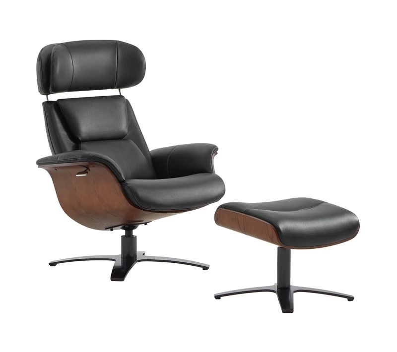 Fauteuil Inclinable Pivotant En Cuir Véritable, Appui-tête Et Assise Réglables, Pour Salon –noir