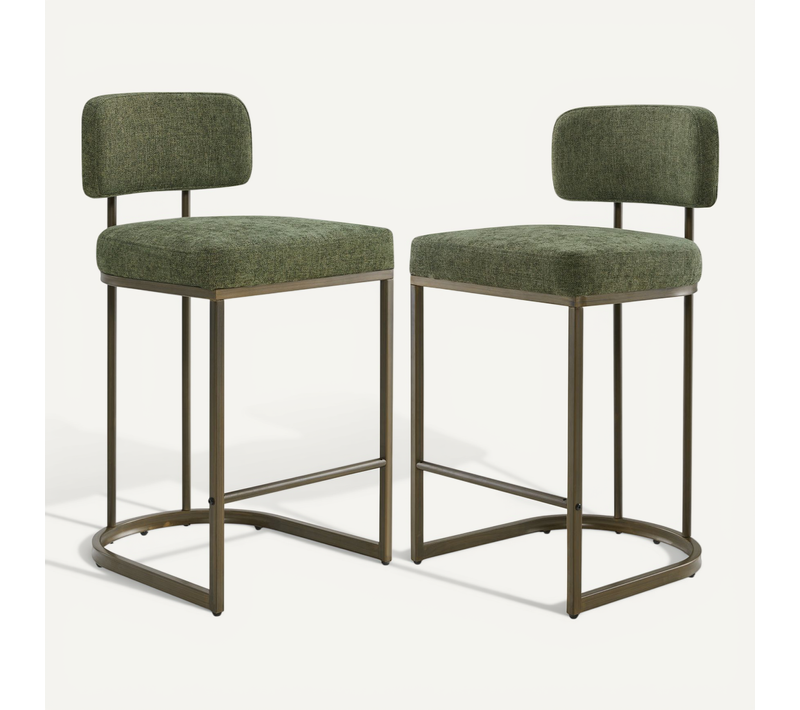 Lot de 2 Tabourets de Bar, Hauteur Comptoir 66 cm Tissu lin, Piètement Métal-Vert