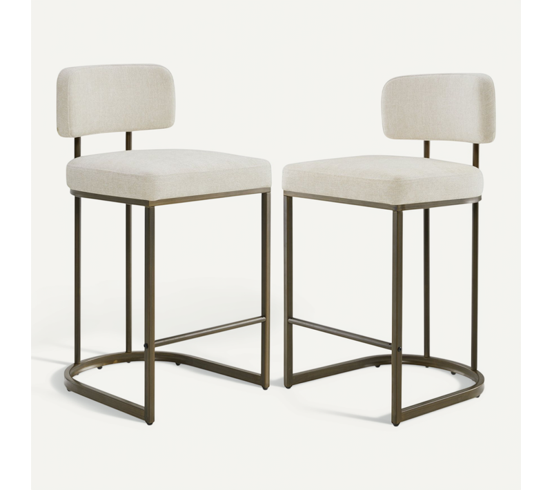 Lot de 2 tabourets de bar, Hauteur comptoir 66 cm Tissu lin, Piètement métal-Beige