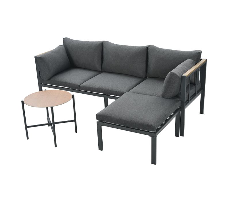 Salon De Jardin D’angle – Canapé + Table Basse + Repose-pieds – Plateau Verre Motif Bois – Gris