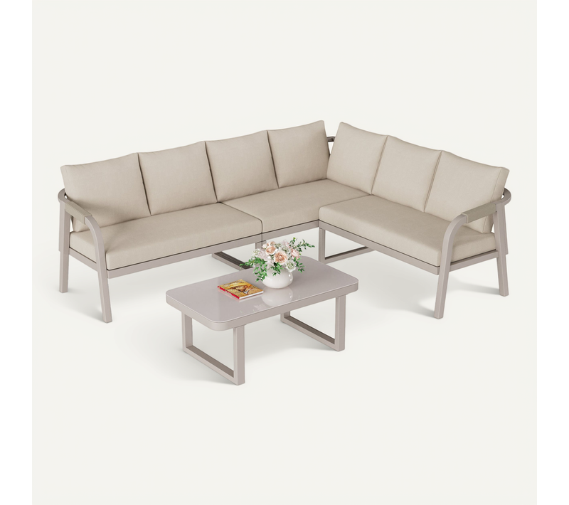 Salon De Jardin D’angle 6 Places – Canapé D’angle + Table Basse Verre – Tressage Corde – Beige