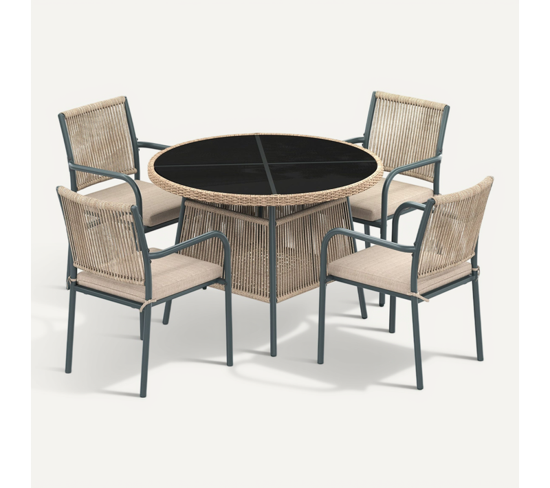 Salle à Manger De Jardin 5 Pièces–table Ronde Verre Trempé + 4 Fauteuils –rotin Pe – Coussins Inclus