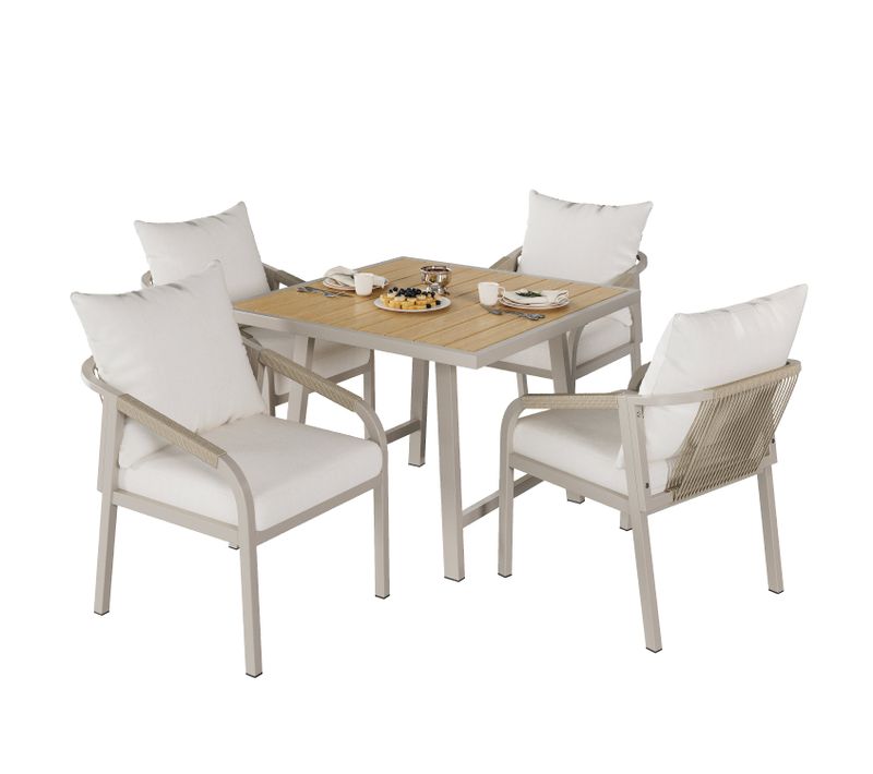 Salle à Manger De Jardin–table + 4 Chaises – Acier Galvanisé -tressage Corde – Camel et Beige