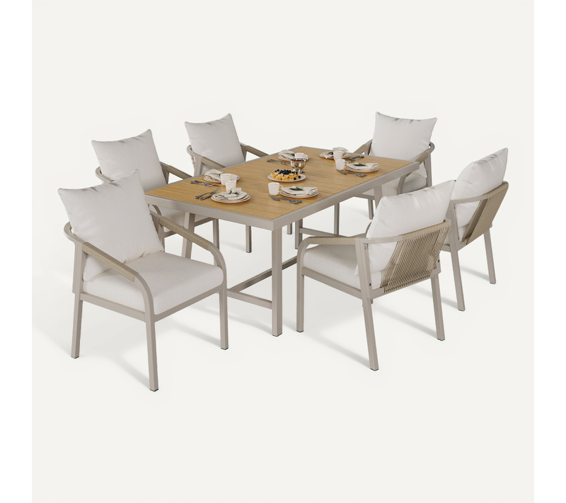 Salle à Manger De Jardin – Table + 6 Chaises, Plateau Bois Composite–tressage Corde–camel et Beige
