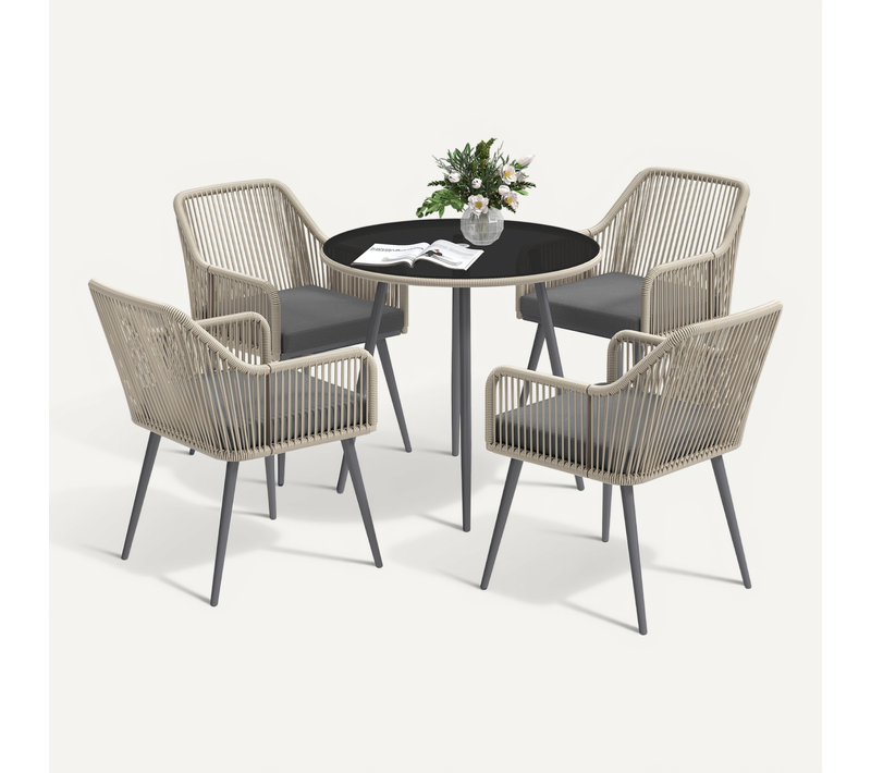 Salon De Jardin En Rotin 2 Fauteuils + Table Avec Plateau Verre, Résistant Aux Intempéries, Gris