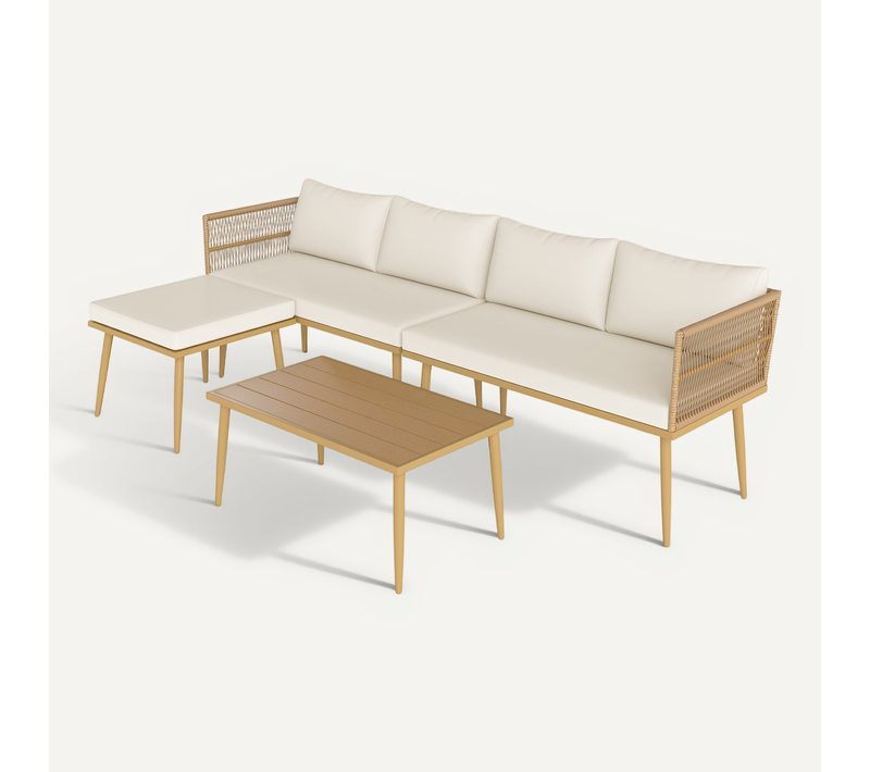 Salon De Jardin En Résine Tressée Modulable, 2 Canapés, Pouf, Table Basse, Coussins Inclus, Beige