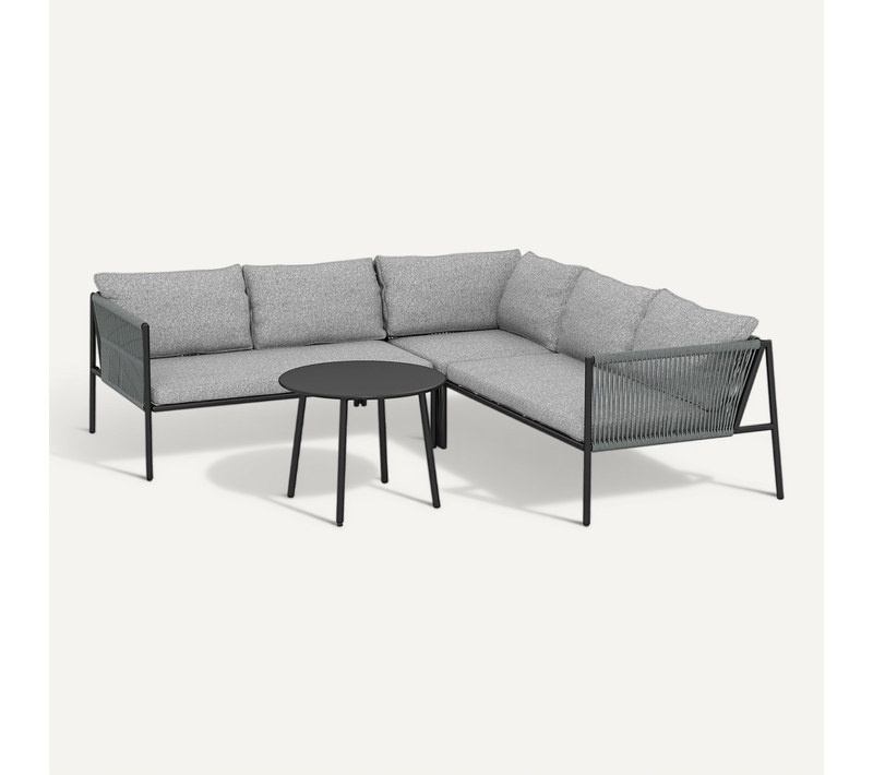 Salon De Jardin En Polyrotin Avec Canapé D'angle, Table Et Coussins Pour 6 Personnes, Gris Foncé