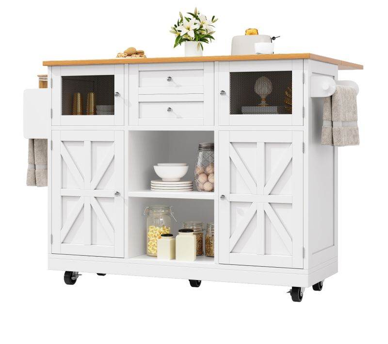 Ilot Central De Cuisine à Roulettes, Finition Bois, En Mdf,blanc Et Naturel