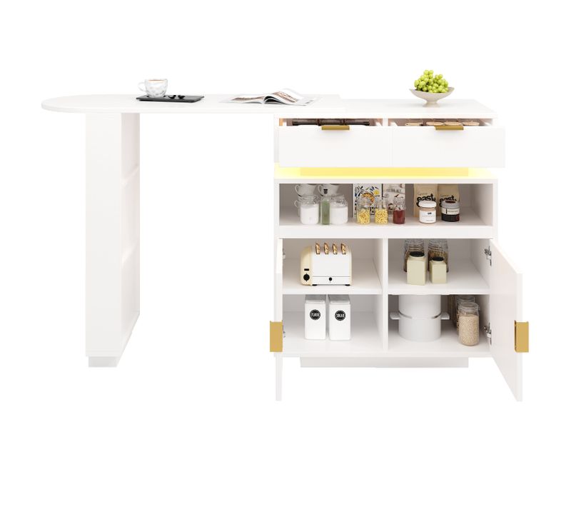 Ilot Central De Cuisine Mobile Extensible, LED, Rotation à 360°, En Mdf - Blanc