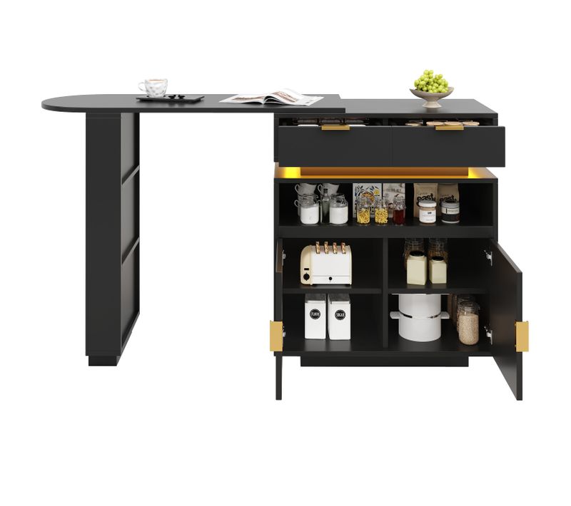 Ilot Central De Cuisine Mobile Extensible, LED, Rotation à 360°, En Mdf - Noir