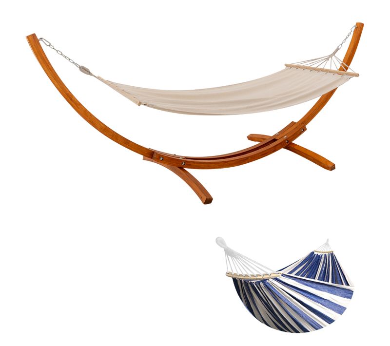 Hamac sur Pied, 2 Hamacs Inclus (Blanc + Bleu), Supporte 200 kg, Support en Bois 320×120×120 cm